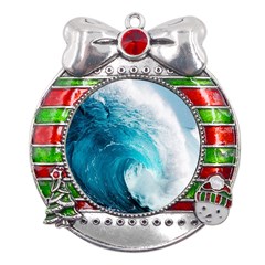 Tsunami Big Blue Wave Ocean Waves Water Metal X mas Ribbon With Red Crystal Round Ornament by uniart180623