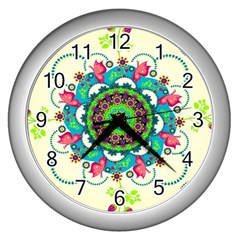 Mandala Flowers Abstract Butterflies Floral Pattern Summer Wall Clock (silver)