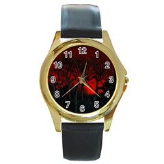 Dark Forest Jungle Plant Black Red Tree Round Gold Metal Watch by uniart180623