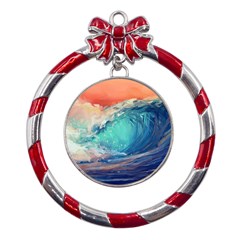 Artistic Wave Sea Metal Red Ribbon Round Ornament by uniart180623