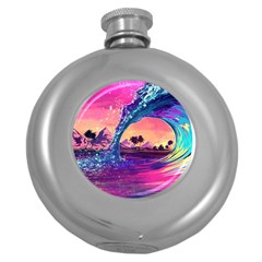 Retro Wave Ocean Round Hip Flask (5 Oz) by uniart180623