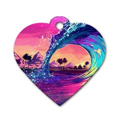 Retro Wave Ocean Dog Tag Heart (two Sides) by uniart180623