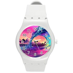 Retro Wave Ocean Round Plastic Sport Watch (m) by uniart180623