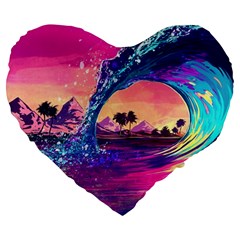 Retro Wave Ocean Large 19  Premium Heart Shape Cushions