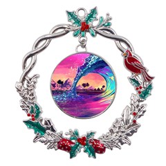 Retro Wave Ocean Metal X mas Wreath Holly Leaf Ornament by uniart180623