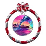 Retro Wave Ocean Metal Red Ribbon Round Ornament Front