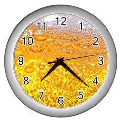 Texture Pattern Macro Glass Of Beer Foam White Yellow Bubble Wall Clock (silver) by uniart180623