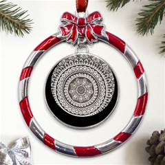 Mandala Circles Drawing Pattern Metal Red Ribbon Round Ornament