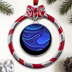 Spiral Shape Blue Abstract Metal Red Ribbon Round Ornament