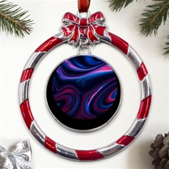 Purple Blue Swirl Abstract Metal Red Ribbon Round Ornament by uniart180623