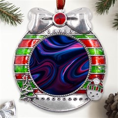 Purple Blue Swirl Abstract Metal X mas Ribbon With Red Crystal Round Ornament