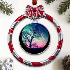 Tree Abstract Field Galaxy Night Nature Metal Red Ribbon Round Ornament by uniart180623