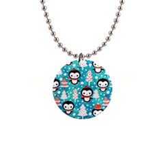 Blue Penguin Pattern Christmas 1  Button Necklace by uniart180623