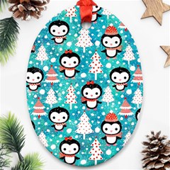 Blue Penguin Pattern Christmas Oval Ornament (two Sides)