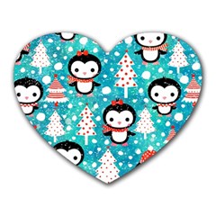 Blue Penguin Pattern Christmas Heart Mousepad