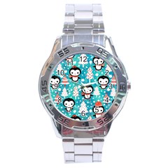 Blue Penguin Pattern Christmas Stainless Steel Analogue Watch by uniart180623