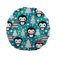 Blue Penguin Pattern Christmas Standard 15  Premium Round Cushions