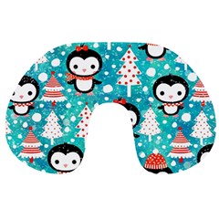 Blue Penguin Pattern Christmas Travel Neck Pillow by uniart180623