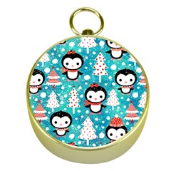 Blue Penguin Pattern Christmas Gold Compasses