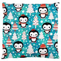 Blue Penguin Pattern Christmas Large Premium Plush Fleece Cushion Case (one Side)