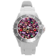 Funny Monster Mouths Round Plastic Sport Watch (l) by uniart180623