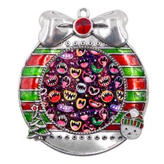 Funny Monster Mouths Metal X mas Ribbon With Red Crystal Round Ornament