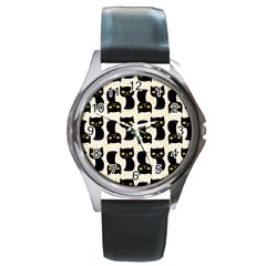 Black Cats And Dots Koteto Cat Pattern Kitty Round Metal Watch by uniart180623