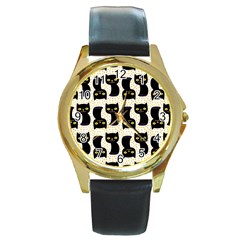 Black Cats And Dots Koteto Cat Pattern Kitty Round Gold Metal Watch by uniart180623