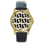 Black Cats And Dots Koteto Cat Pattern Kitty Round Gold Metal Watch Front