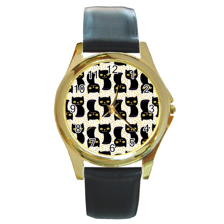 Black Cats And Dots Koteto Cat Pattern Kitty Round Gold Metal Watch