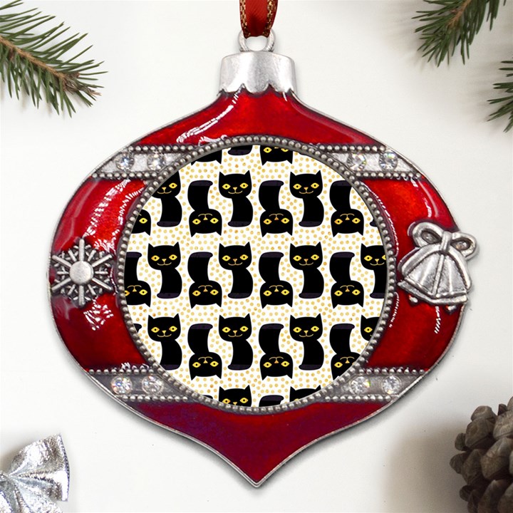 Black Cats And Dots Koteto Cat Pattern Kitty Metal Snowflake And Bell Red Ornament