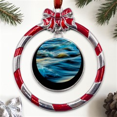 Waves Abstract Metal Red Ribbon Round Ornament