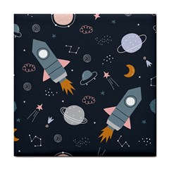 Space Background Illustration With Stars And Rocket Seamless Vector Pattern Tile Coaster by uniart180623