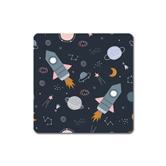 Space Background Illustration With Stars And Rocket Seamless Vector Pattern Square Magnet by uniart180623