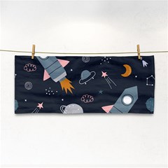 Space Background Illustration With Stars And Rocket Seamless Vector Pattern Hand Towel by uniart180623