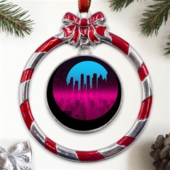 Futuristic Cityscape Metal Red Ribbon Round Ornament