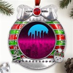 Futuristic Cityscape Metal X Mas Ribbon With Red Crystal Round Ornament Front