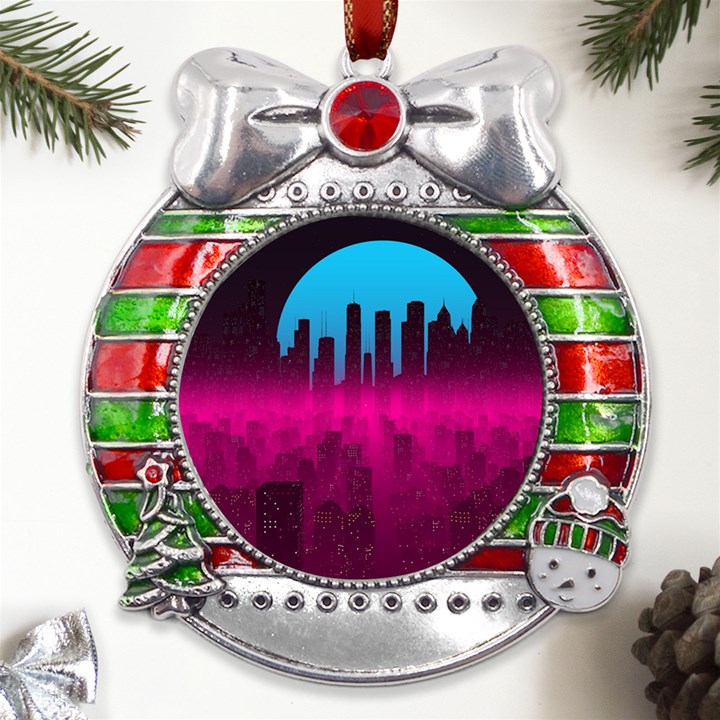 Futuristic Cityscape Metal X Mas Ribbon With Red Crystal Round Ornament