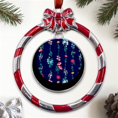 Flowers Pattern Bouquets Colorful Metal Red Ribbon Round Ornament