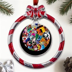 Cartoon Explosion Cartoon Characters Funny Metal Red Ribbon Round Ornament by uniart180623