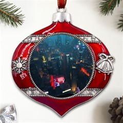 Cityscape Digital Art Metal Snowflake And Bell Red Ornament by uniart180623