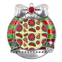 Watermelon Pattern Slices Fruit Metal X mas Ribbon With Red Crystal Round Ornament by uniart180623