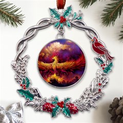 Phoenix Bird Metal X mas Wreath Holly Leaf Ornament by uniart180623