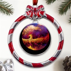 Phoenix Bird Metal Red Ribbon Round Ornament by uniart180623