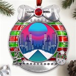 Retro Cityscape Artist Artwork Digital Art Metal X Mas Ribbon With Red Crystal Round Ornament Front