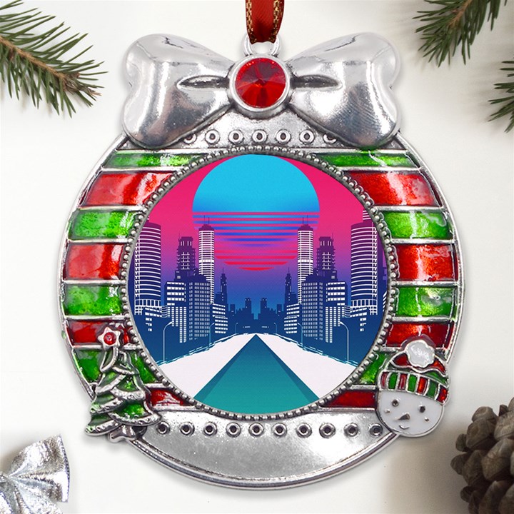 Retro Cityscape Artist Artwork Digital Art Metal X Mas Ribbon With Red Crystal Round Ornament