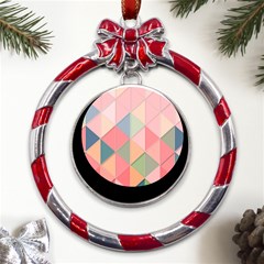 Background Geometric Triangle Metal Red Ribbon Round Ornament by uniart180623