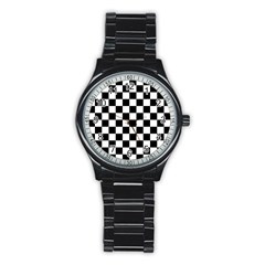 Black White Checker Pattern Checkerboard Stainless Steel Round Watch by uniart180623