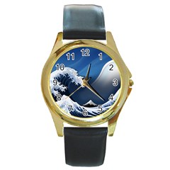 The Great Wave Off Kanagawa Round Gold Metal Watch by Grandong