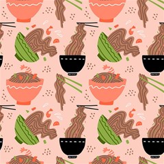 Doodle Yakisoba Seamless Pattern Background Cartoon Japanese Street Food Play Mat (rectangle) by Grandong